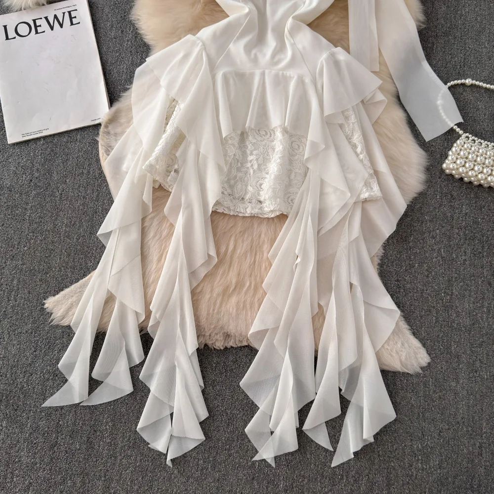 Foamlina French Style White Strapless Dress Women Summer Lace Irregular Flanged Ribbon Design Girl\'s Holiday Shopping Dresses