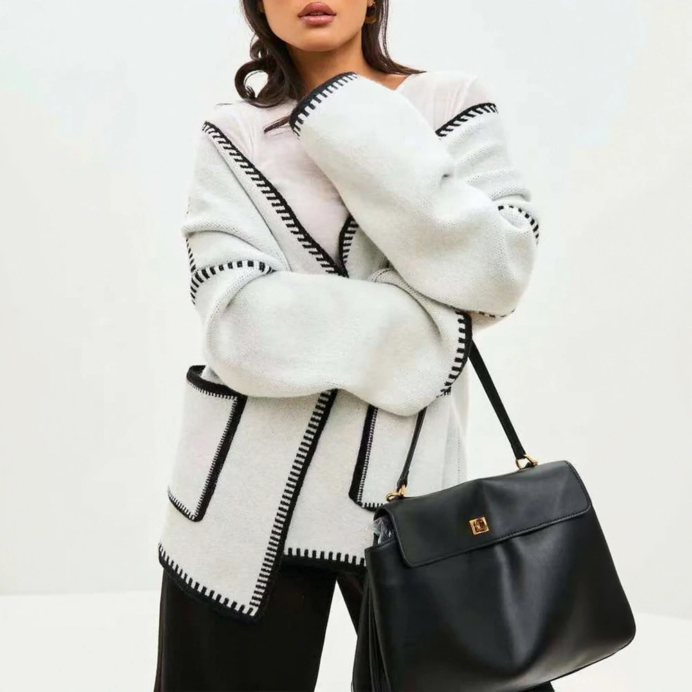 

Повседневный кардиган с круглым вырезом, облегающий длинный рукав, прямой рукав-труба, без украшения, женский трикотаж с открытой передней частью