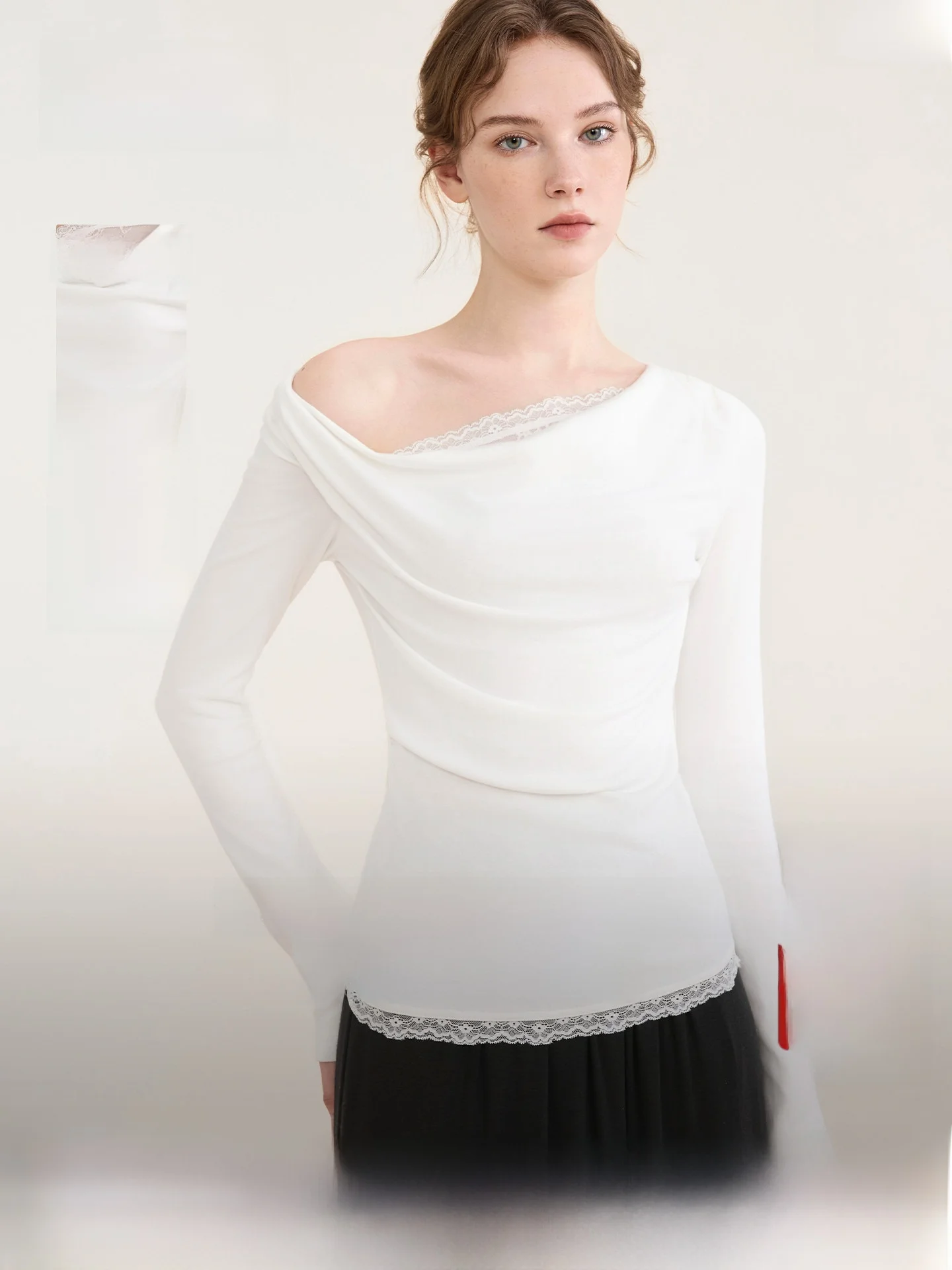 Elle Women's Lace Trim Knitted Base Shirt Slim Fit Thermal Locking Autumn Winter Fashion T-Shirt Comfortable Versatile Body S...