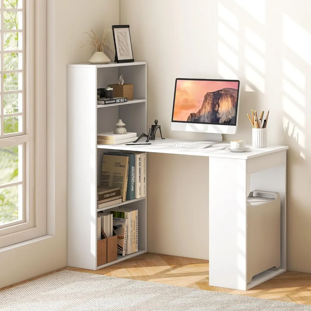 

White Computer Desk with Bookshelf, Writing Study Desk with Storage Shelves & CPU Stand, Modern Compact Computer Workst