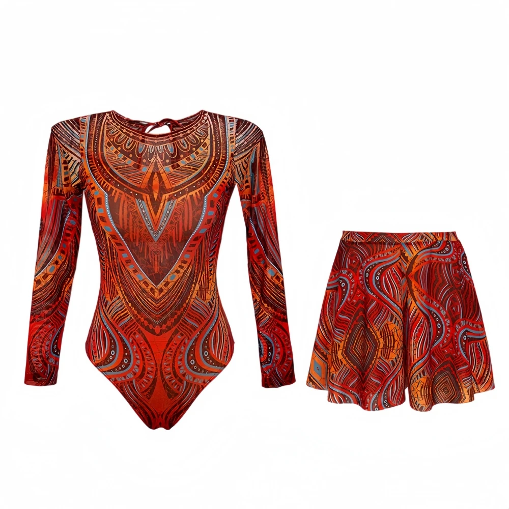 2026 Women Long Sleeve Sun Protection One Piece Swimsuit Set Printed Bodysuit With Cover Up Skirt For Beach Holiday And Swimming