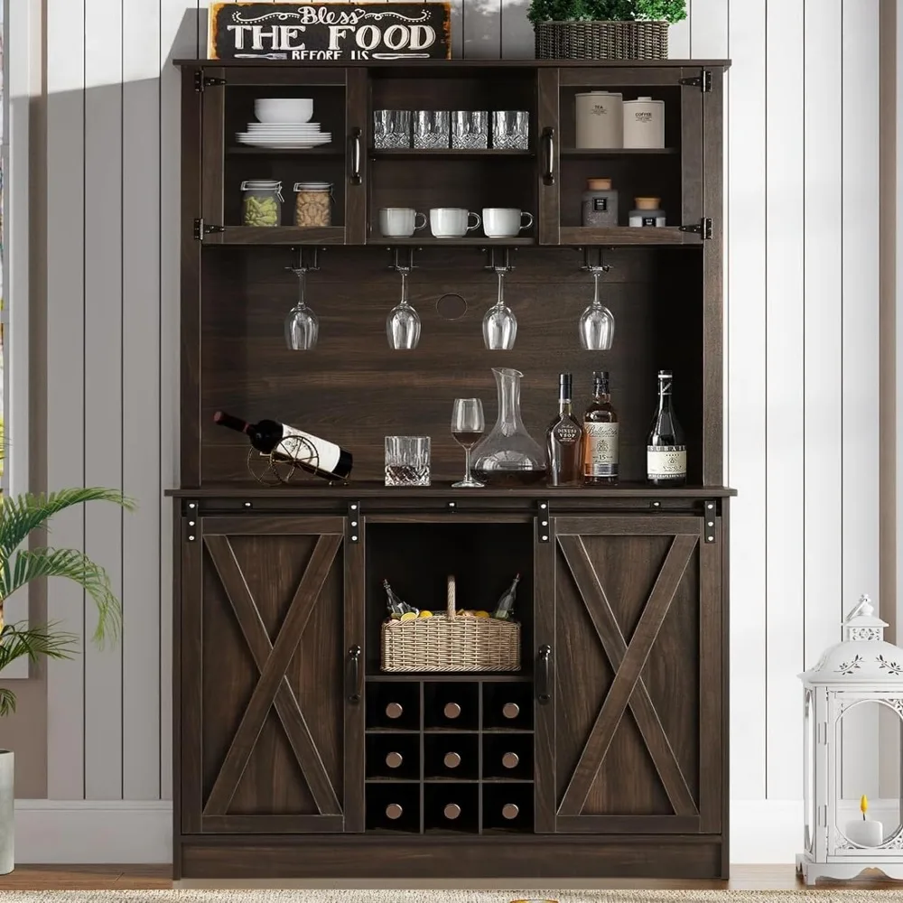 Farmhouse Coffee Bar Cabinet with 4 Mug Hooks, 72”Farmhouse Wine Bar Cabinet with with Hutch and 2 Sliding Barn Doors