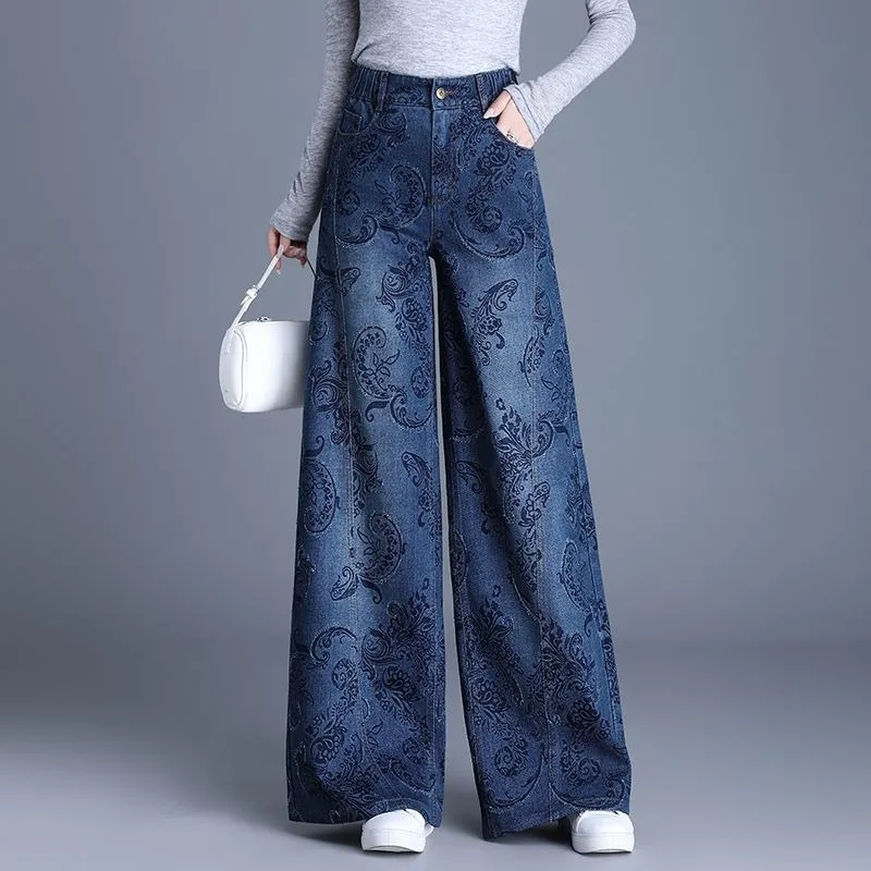 New Women's Printed Fashion Denim Trousers Autumn Winter Narrow Version High-waisted Wide-leg Trousers Female Straight-leg Pants