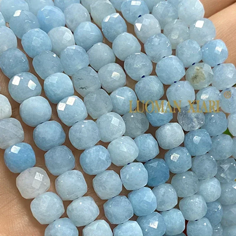 7x7MM Faceted Cube Natural Blue Chalcedony Aquamarine Stone Loose Square Spacer Bead for Jewelry Making Diy Bracelet Accessories