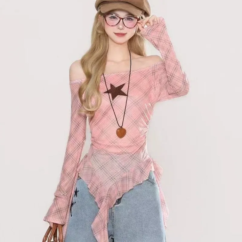 

Fairy Y2k Graphic T-shirt Aesthetic American Retro Checkered Bow Off-the-Shoulder Long-Sleeve T-Shirt for Women Top Slim Tops