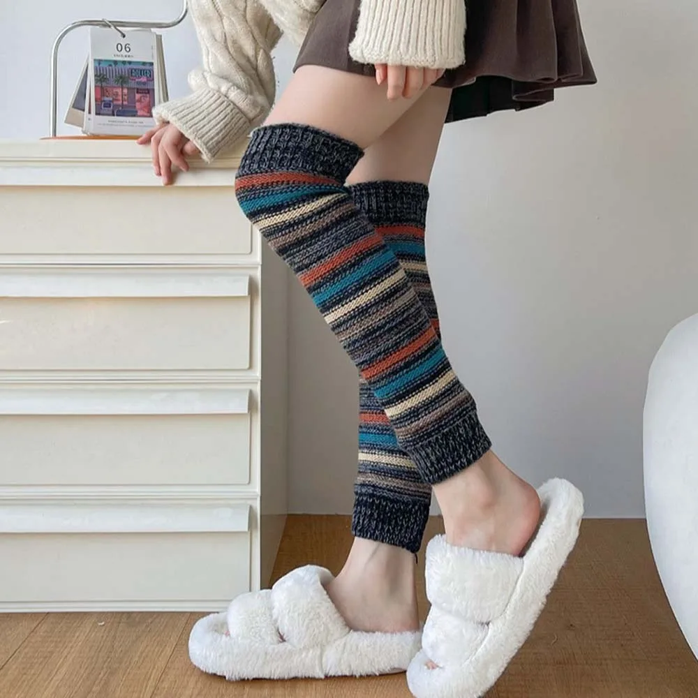 Japanese Style Wool Women Leg Warmers Coarse Knit Knee Pads Leg Warm Socks JK Uniform Stripe Knee Cover Autumn and Winter