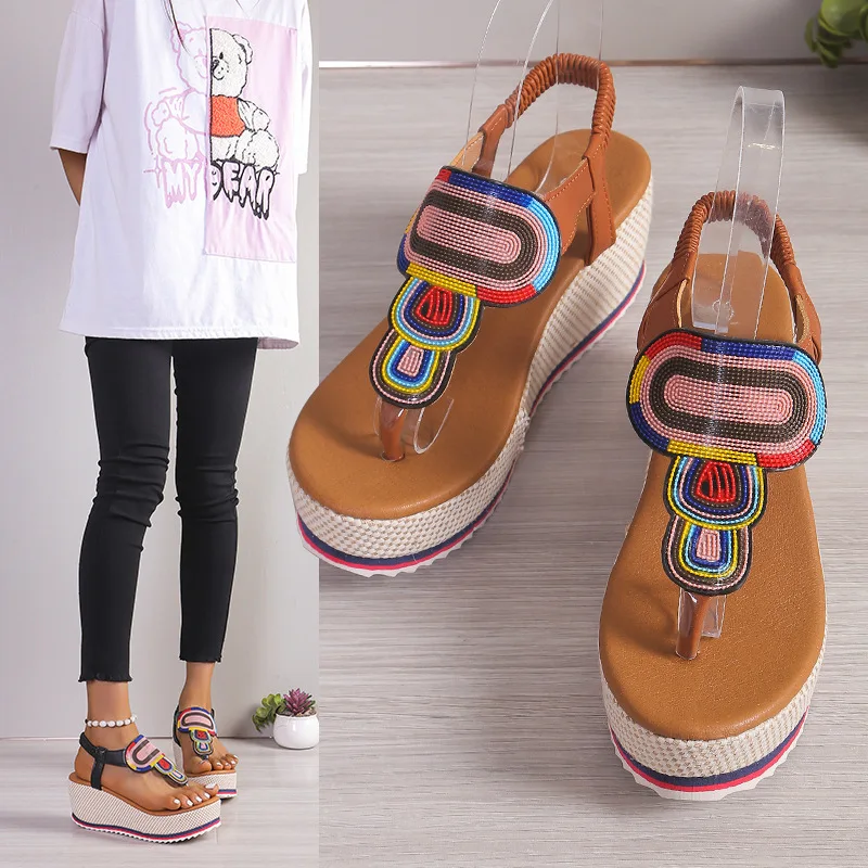 

2025 Summer Hot Sllling New Slope Heel 36-43 Large Sandals Color Rhinestone Thick Bottom High Heel Clip Toe Elastic Band Sandals