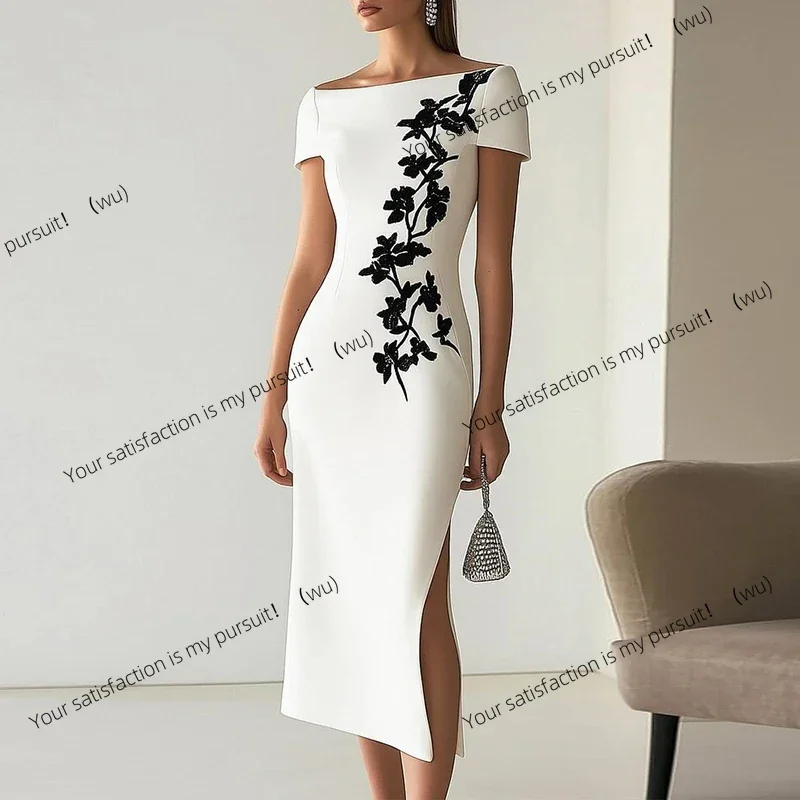 

ZOCI-Women's ripped short-sleeved fitted evening dress, diagonal neck floral print, elegant white dress