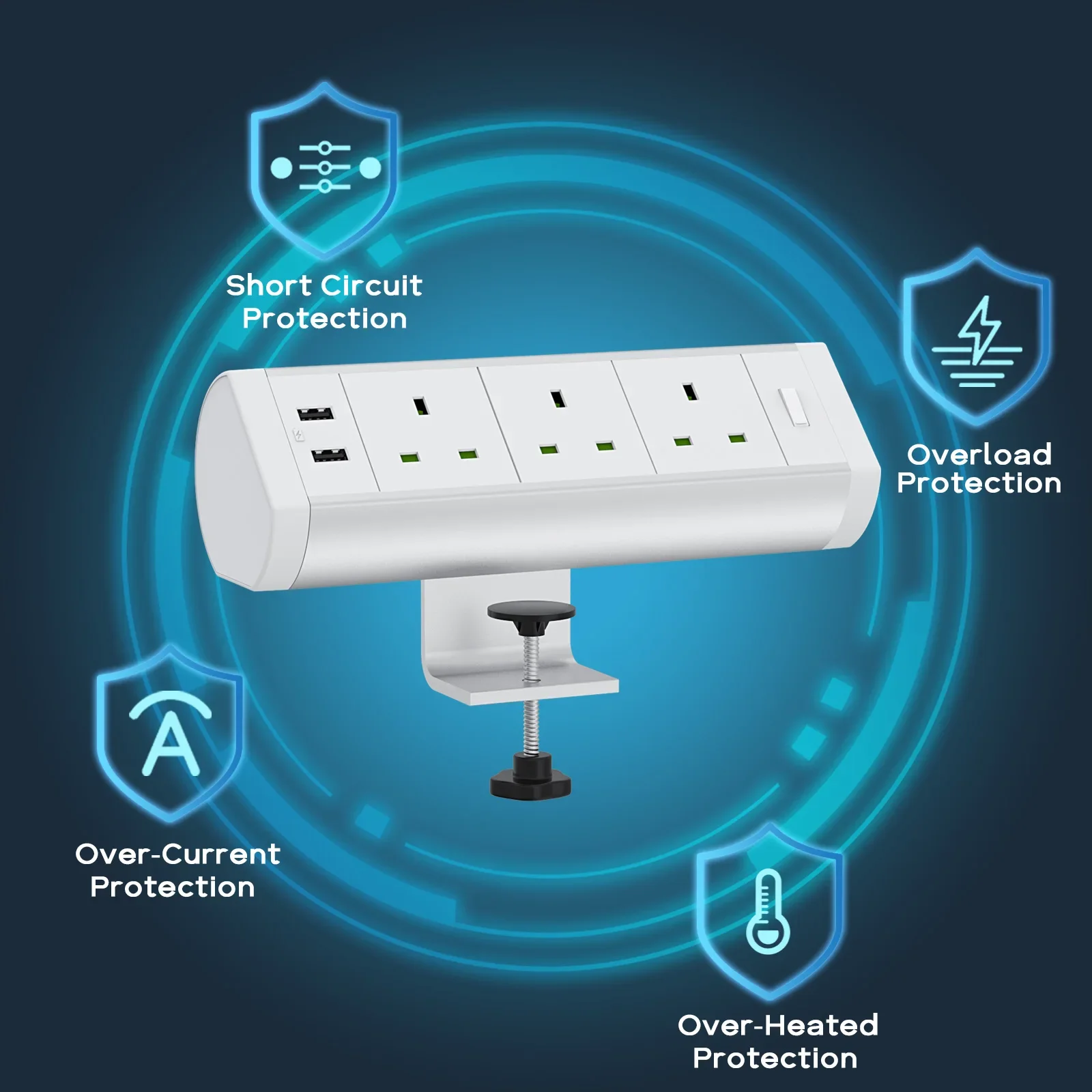 Clamp On Desk Mount Multi-Outlets UK Power Socket With USB Office Desktop Removable Clamp Power Outlet