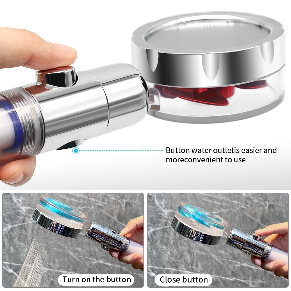 360 Degree Rotation Pressurized Shower Head Water Saving High Preassure Turbo Propeller Flow Showerhead with Fan Built-in Filter