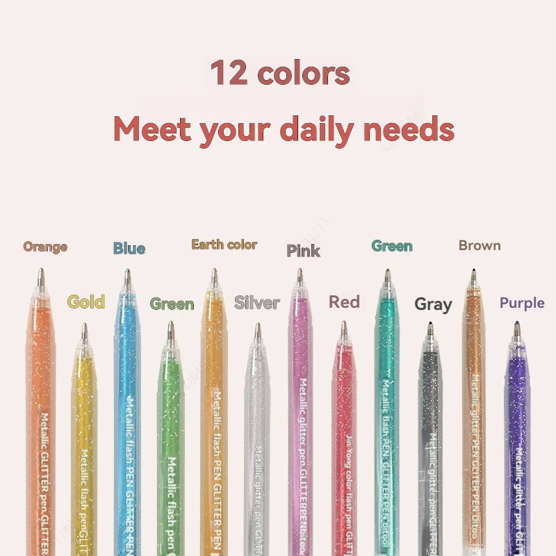 Metallic Glitter Gel Pens - Pens For Scrapbook, Journals or Drawing DIY Projects - Colored Metallic 1.0mm Ink - 12 Pack
