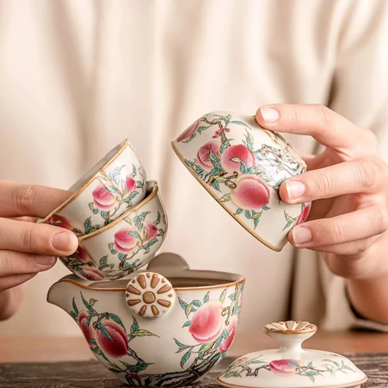 Cream Ru Kiln Pink Color Nine Peach Tea Set Kit Zen 1 Pot 3 Cups Tea Maker Portable Travel Picnic Camping Stock Bags Craft Gifts