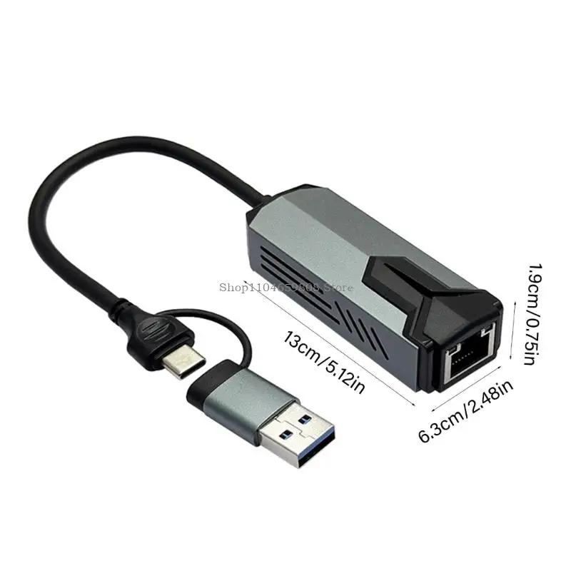 Konverter Ethernet USB Tipe C Portabel Adaptor LAN 5000Mbps untuk Laptop Tablet Daya Tahan Casing Logam Plug And Play
