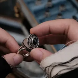 Newly Arrived Jewelry Carving of Ethnic Minority Patterns Inlaid Imitation Black Gemstone Can Be Opened Ring Man Mysterious Ring