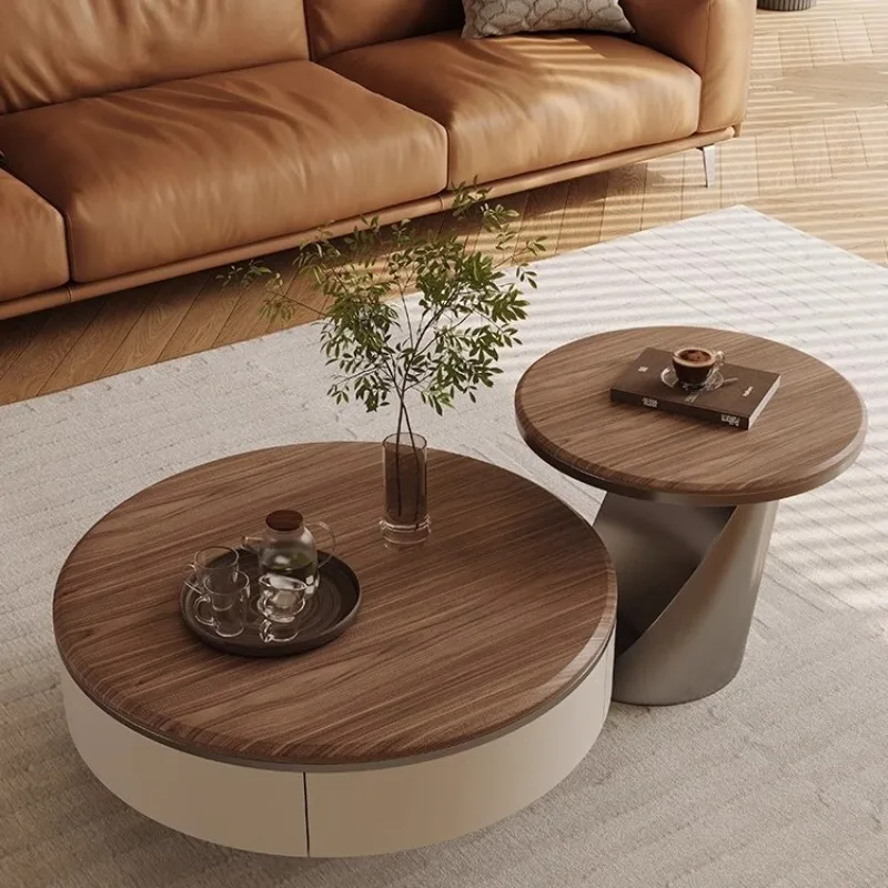 

Modern simple small apartment light luxury coffee table size round living room home antique walnut surface coffee table