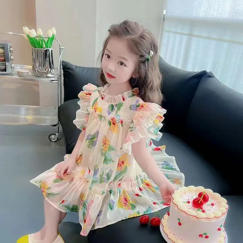 

Girls' Dress 2025 Summer New Children's Colorful Floral Dress Children's Beach Princess Dress