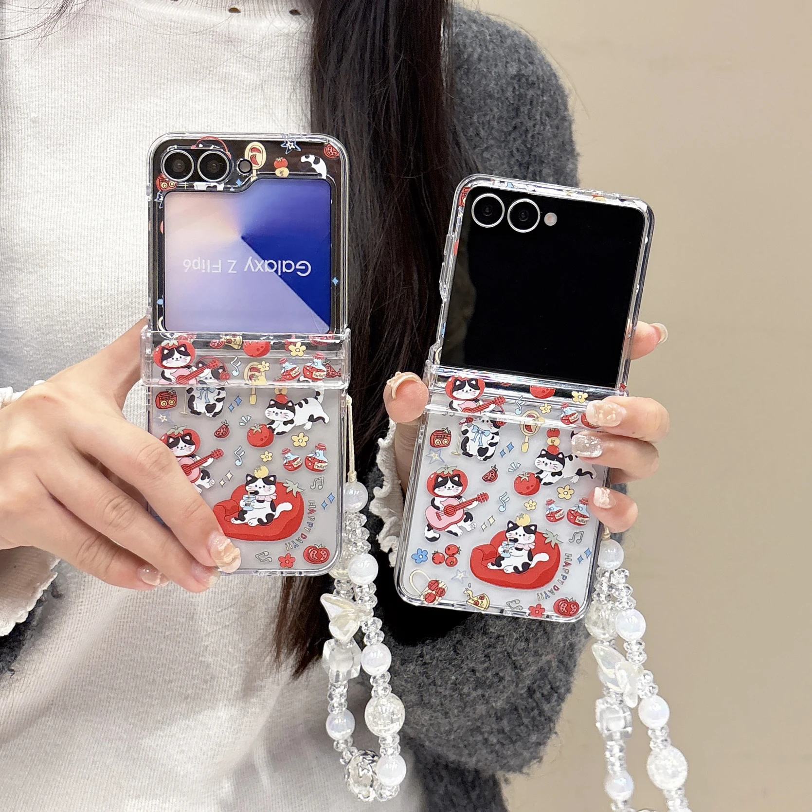 Klare Laser Niedliche Cartoon-Musik Meow Star Handyhülle für Samsung Galaxy Z Flip 7 6 5 4 3 Z Flip 6 Z Flip7 mit Lanyard-Scharnierabdeckung