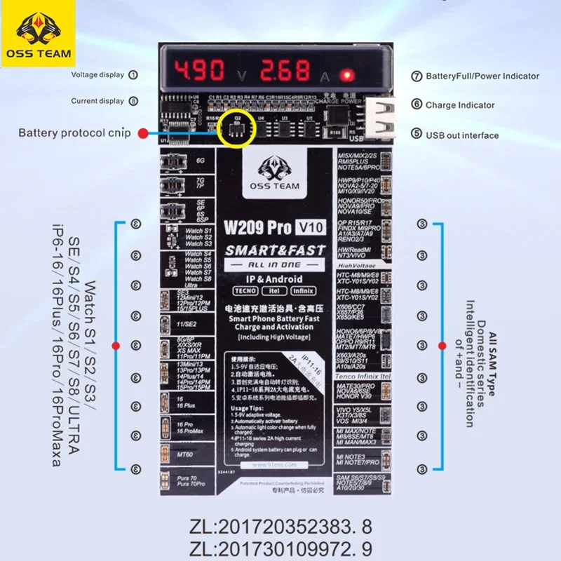 OSS W209 Pro V10 Phone Battery Fast Charge Activation 2in1 Tool for iPhone X-16PM Xiaomi SAM Circuit Board Charging Tester