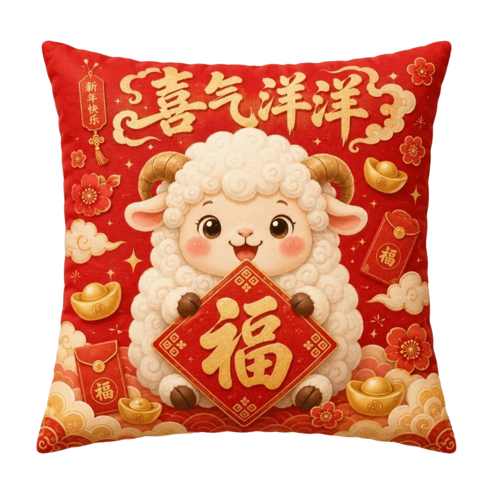 Chinese Style New Year 2027 Cushion Cover Cute Holiday Decor Zodiac Goat Pillow Cover Square Lucky Blessing
