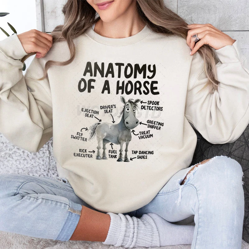 Anatomy of A Horse Print Women Fashion Casual Hoodies Horse Lover Gift Horse Rider Pullover Farm Funny Classic Retro Sweatshirts