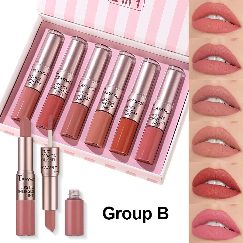 Juego de lápiz labial 2 en 1, brillo de labios mate, taza antiadherente de doble cabezal, brillo de labios de terciopelo, resistente al agua, lápiz labial Sexy de larga duración y humedad