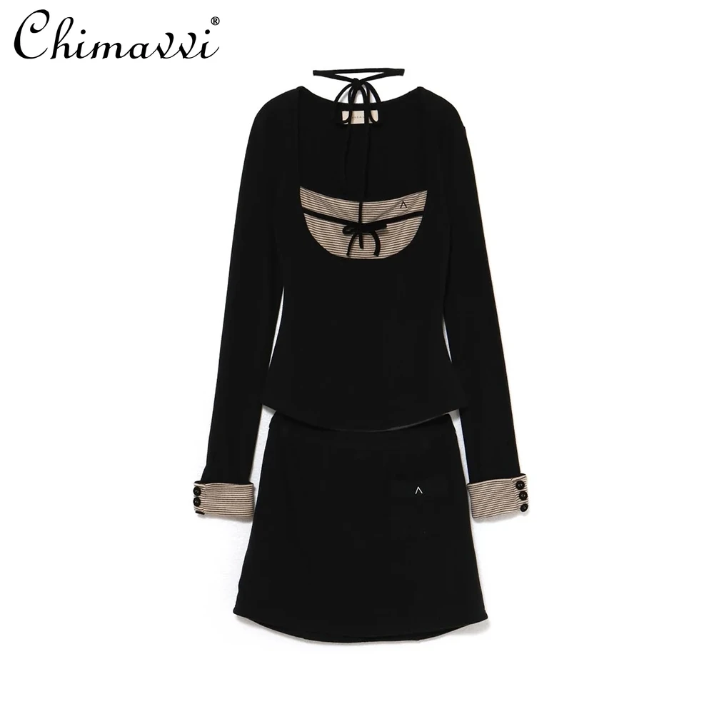 النمط الياباني الصدر المرقعة القوس الديكور تمتد سليم كم طويل محبوك تي شيرت تنورة مجموعة أنيقة المرأة قطعتين مجموعة #6