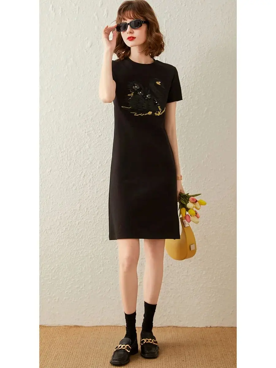 LOUIS YAO Women T-shirt Dress 3D Embroidery Swan Casual Straight Loose Fit Round Neck Short Sleeve Mid Length Dress