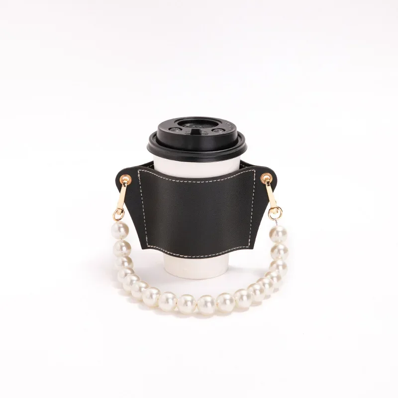 Removable Pearl Chain Cup Holder PU Leather Travel Eco-friendly Drink Case Bag Coffee  Bottle Covers Insulated Tea Cup Holder