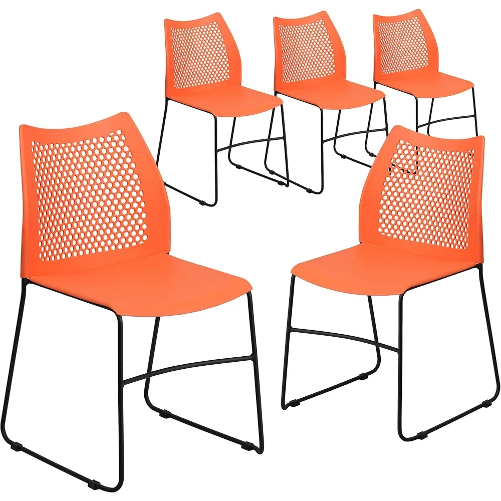 Contoured Hall Chair with Ventilated Honeycomb Backrest for Classroom Training Class, Set of 5 Orange Ergonomic Stacking Chairs