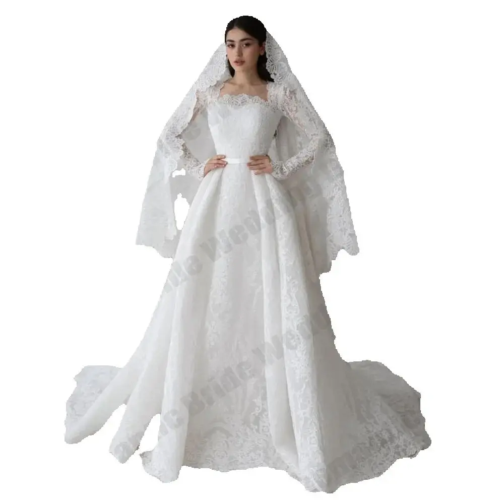 Wunderschöne Spitzen-Brautkleider für Damen, A-Linie, elegant, langärmelig, quadratischer Ausschnitt, Prinzessinnen-Brautkleider, Vestido de Novia, maßgeschneidert