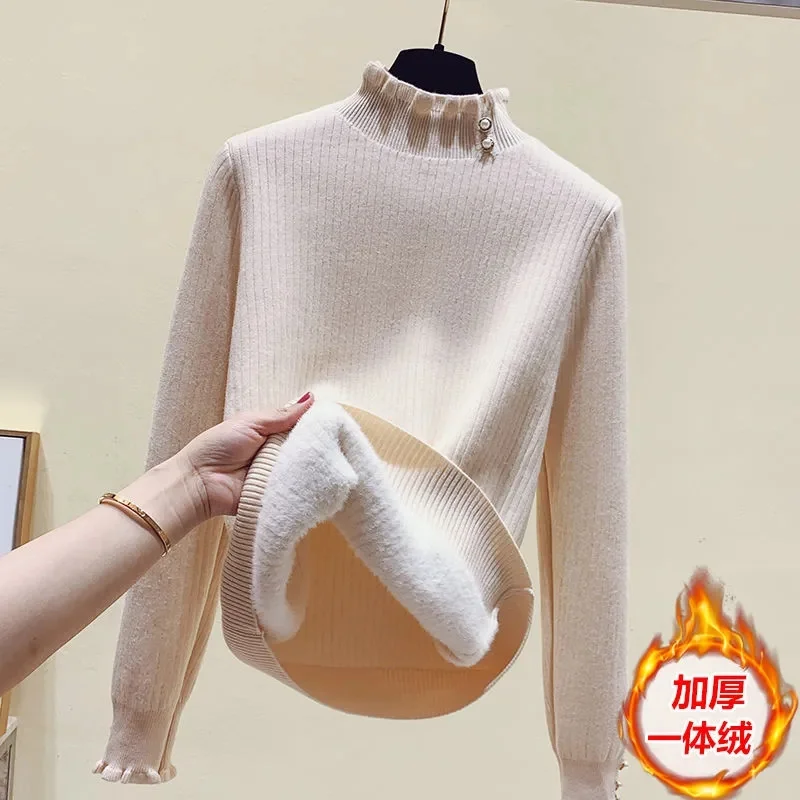 2023 New Autumn Winter Women Pullover Turtleneck Sweater Vintage High Quality Thicken Warm Mink Fleece Lining Knitted Sweaters