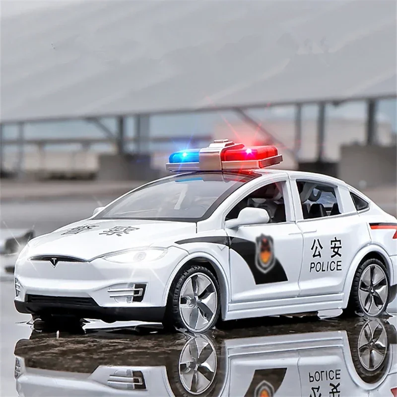 

1:32 Tesla Model X Alloy Police Car Model Diecast Metal Simulation Toy Vehicles Car Model Sound Light Collection Childrens Gifts