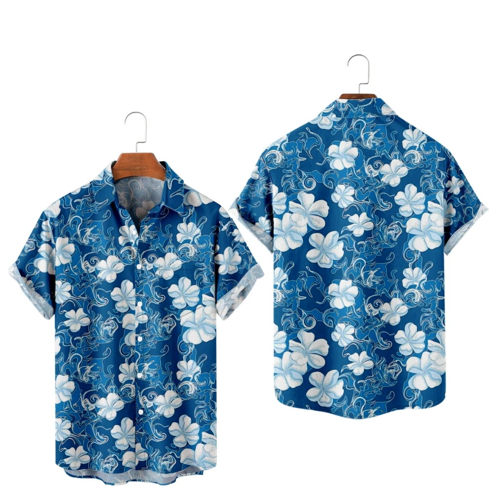 

White Flower Blue Summer Short Sleeve Shirts V-Neck Turn-down Collar Casual Beach Style Button Shirt