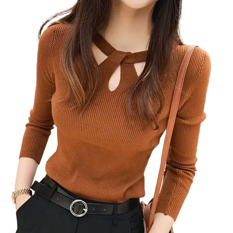 

Autumn Winter Pullover Knitted Women Sweater Solid Color Stretch Sexy Hollow Jumper Slim Bottoming Shirt Lady Sueter 16639
