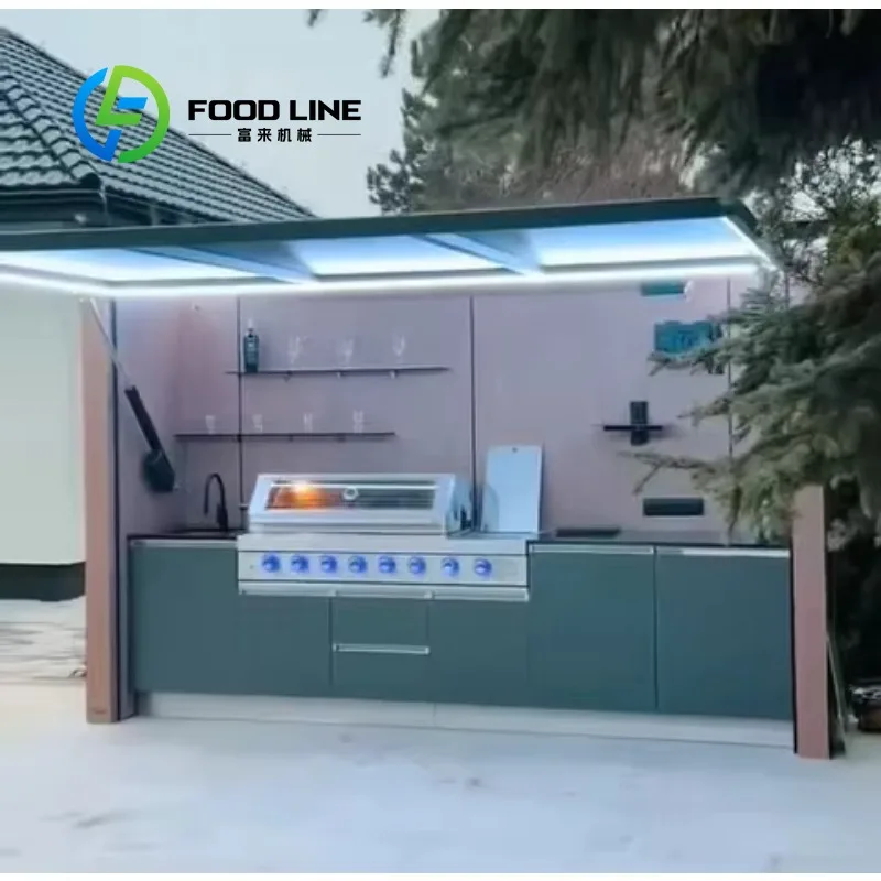 Customized Modular Weatherproof Enclosed Shelter with Outdoor Kitchen Pavilion Featuring a Barbecue and Sink