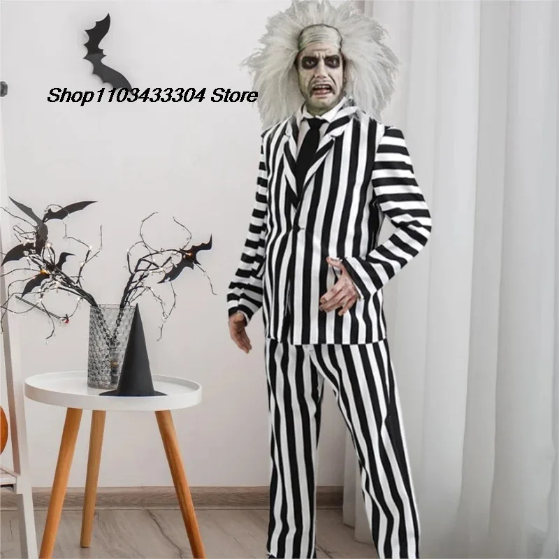 Sky05 Spooky Halloween Performance Costumes for Men Striped Suit with Tie Scary Halloween Infernal Master Cosplay Costume 99JIu@