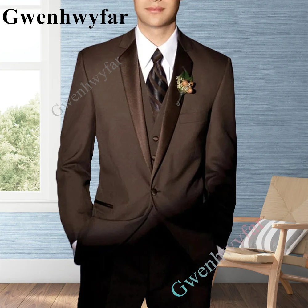 

Gwenhwyfar New Brown Tunic Suit 3 Pcs Notch Collar Slim Fit Suit Wedding Groom Male Blazer 3 Pcs Single Breasted Costume Homme