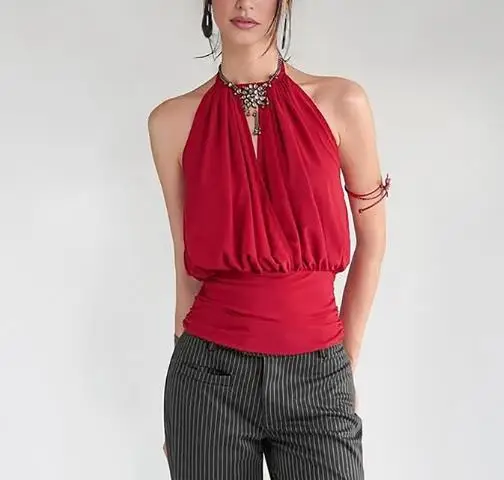 

Women's Vest 2026 Summer New Fashion Trend Sexy High Street Style Red Simple Temperament Slim Fit Backless Hanging Neck Vest