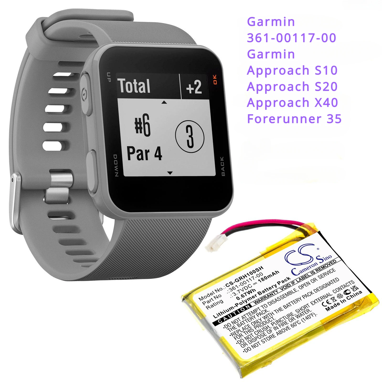 180mAh Smartwatch Battery 361-00117-00 for Garmin Approach S10, ApproachS20, ApproachX40, Forerunner 35