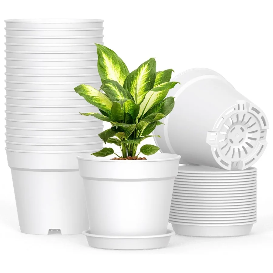 

20 Pack 6 Inch Plant Pots with Drainage and Saucers White Plastic Flower Pots for Indoor and Outdoor Plants Stackable Nursery P
