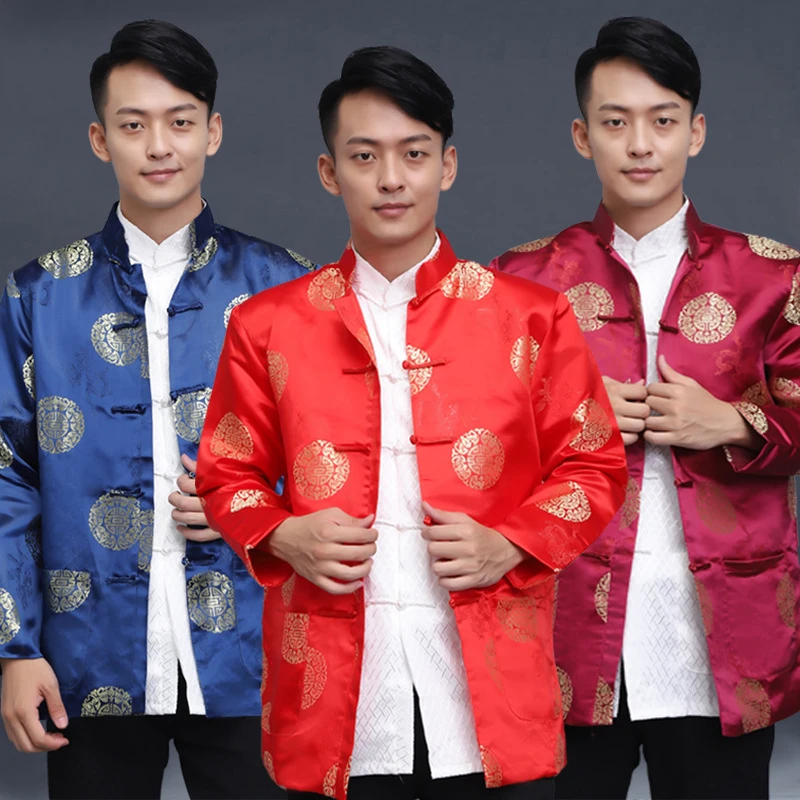 2022 Tang Suit Men\'s Shirt Chinese Traditional Retro Long-Sleeved Chinese Men\'s Kung Fu Hanfu New Year Clothes Birthday Party