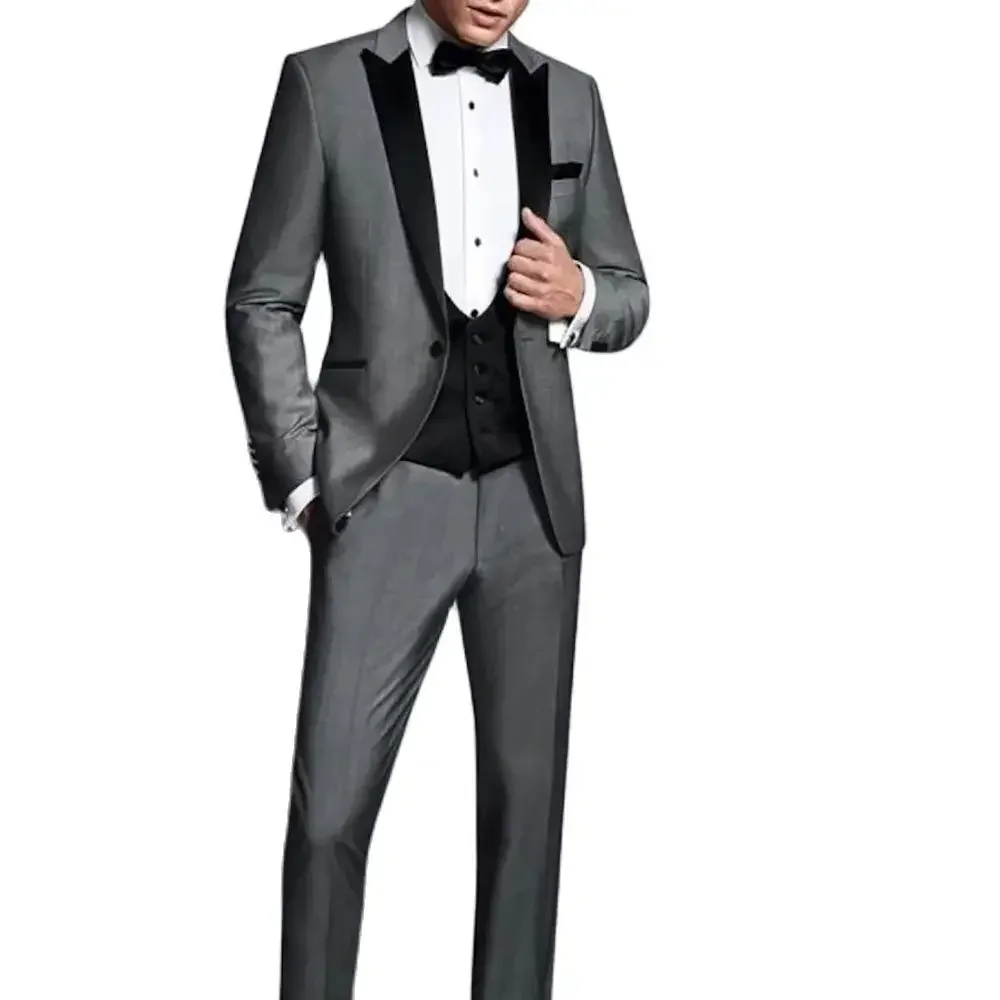 Grey New Style One Button Single Breasted Peak Lapel Luxury 3 Piece Jacket Pants Vest Wedding Outfits for Groom Formal Blazer