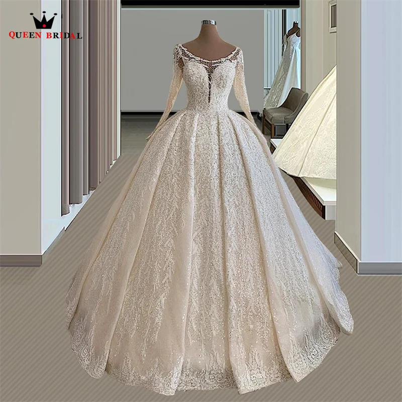 Custom Made Luxury 2023 Fashion Weddding Dresses Ball Gown Long Sleeve Tulle Lace Appliques Crystal Pearls Bridal Gowns SD34