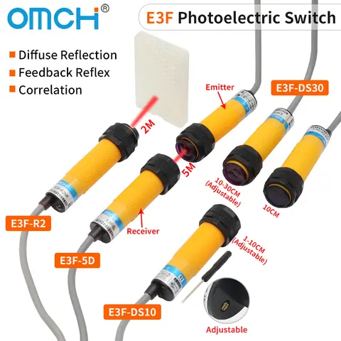 OMCH E3F M18 10cm 30cm 2M 5M Optical Detection Diffuse Feedback Reflection Reflective Photoelectric Sensor Switch Adjustable