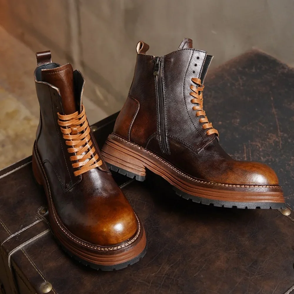 Men‘s Genuine Leather Motorcycle Boots British Brogue Shoes Platform Retro Big Head Mid-calf Western Chelsea Boots Zipper