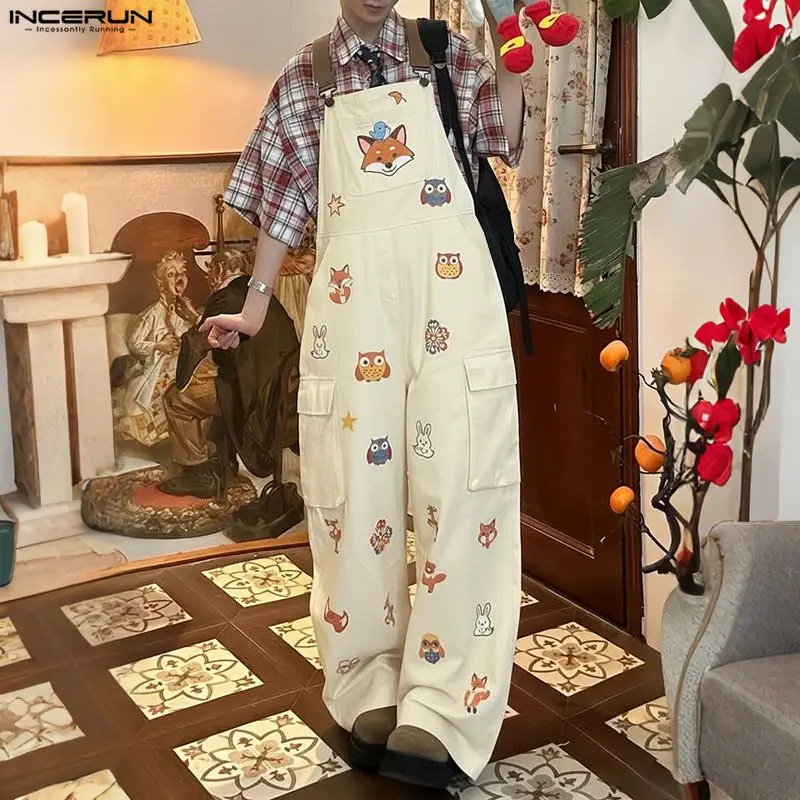 INCERUN Men's Jumpsuits Printing Sleeveless Strap Rompers For Man Pants Streetwear 2026 Loose Pockets Casual Male Overalls S-5XL
