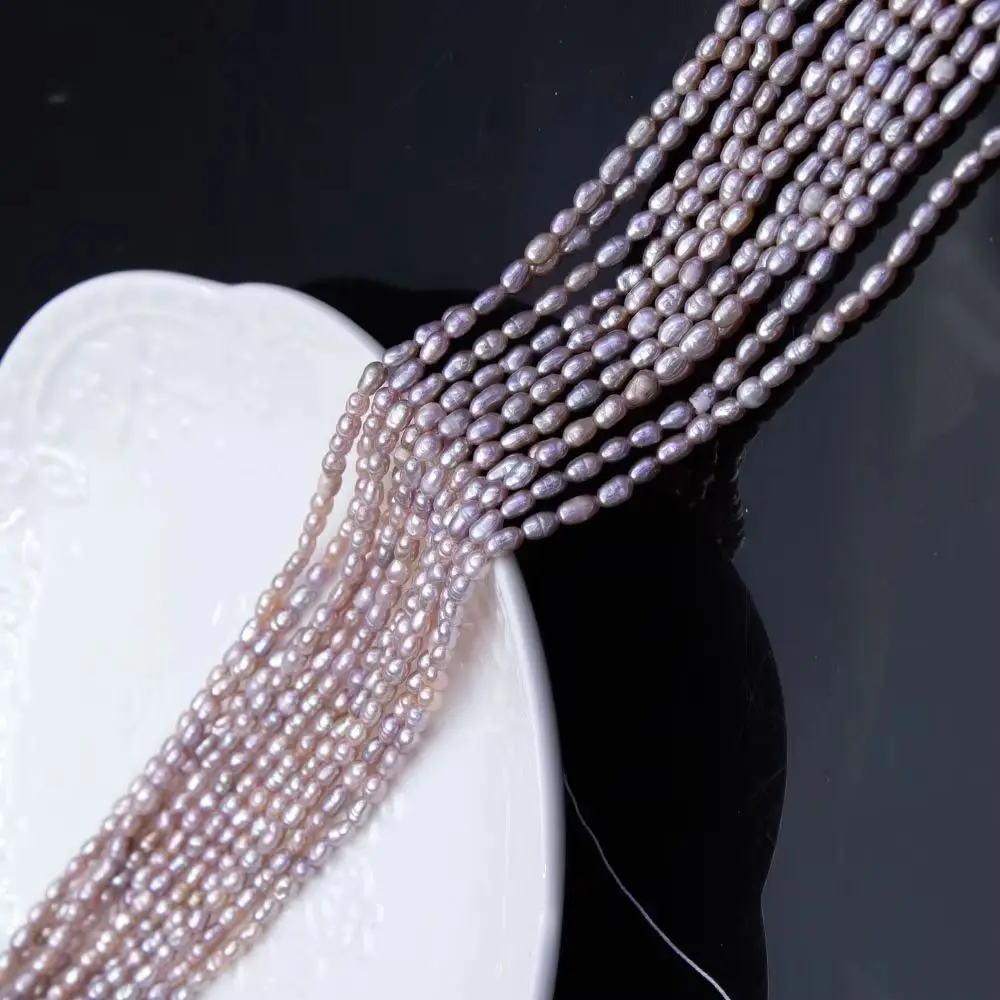 1 hebra de perlas naturales de agua dulce en forma de arroz de 2-3mm, hebra blanca y morada para hacer collar, accesorio de 35cm de longitud