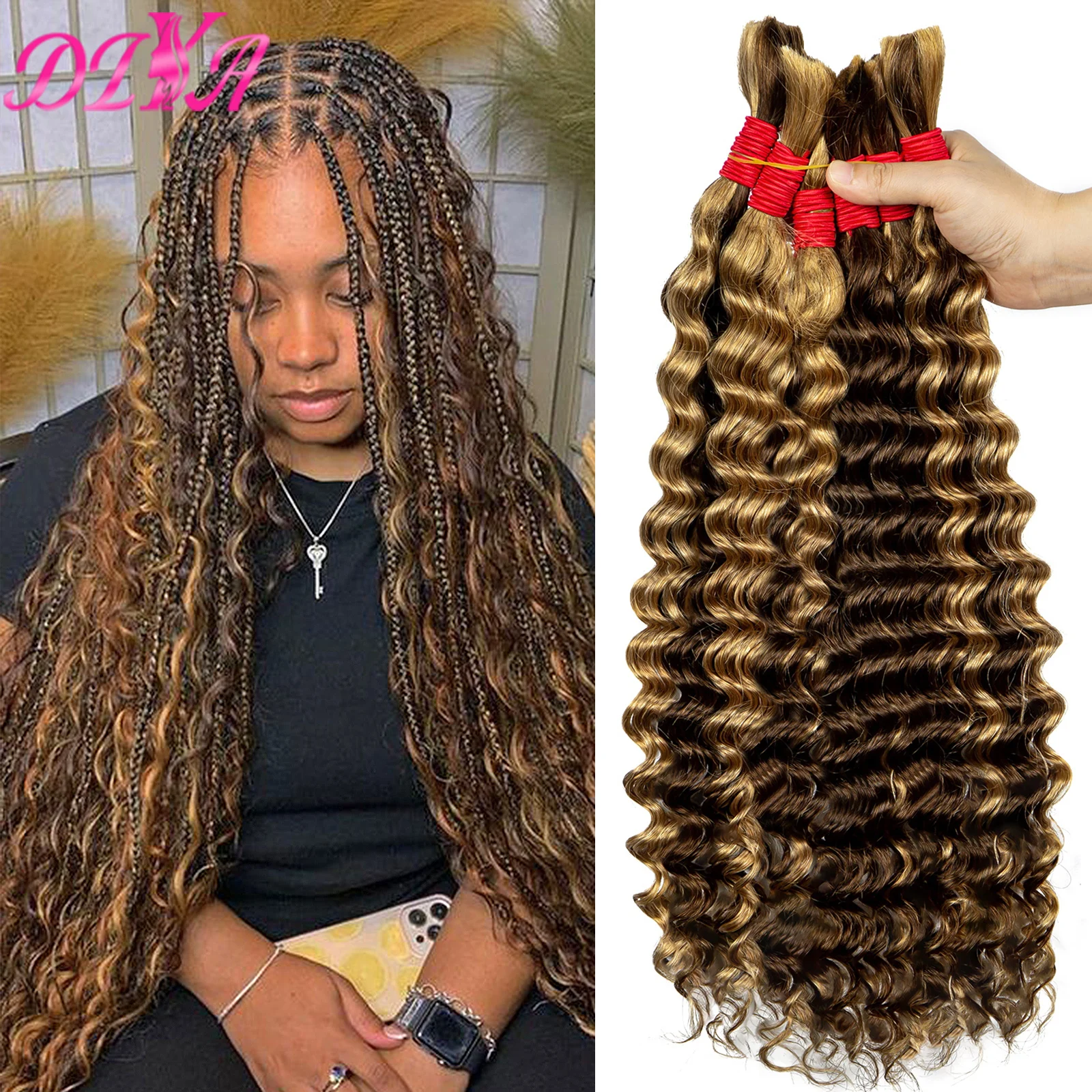 

Highlight P4/27 Human Braiding Hair for Boho Braids Deep Wave Full Bulk Human Hair Wet Wavy No Weft Hair Extension for Braiding