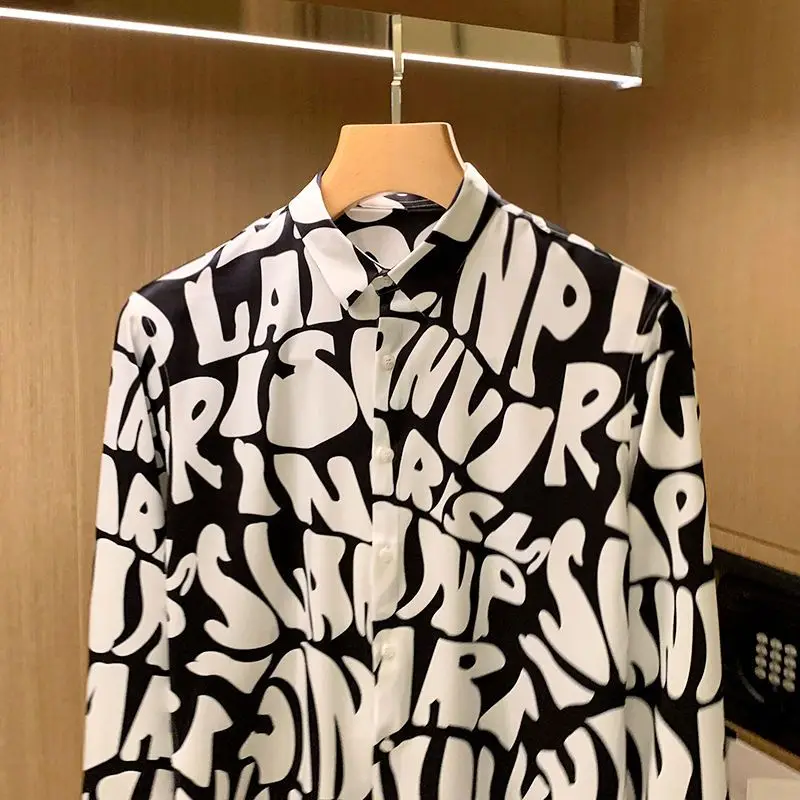2025 Spring Summer Fashion Trend Rascal Handsome Casual Personality Fun Letter Printing Slim Fit Long Sleeve Shirt Mens Clothing