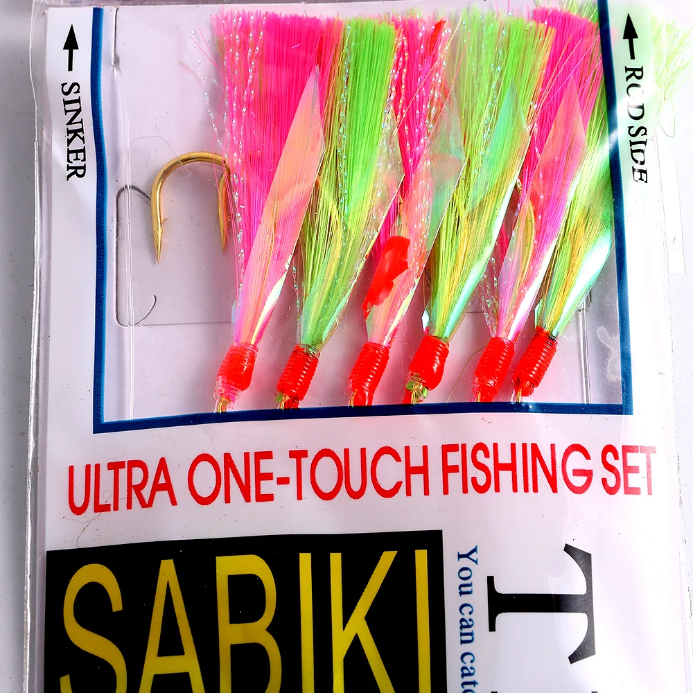5er-Pack Sabiki Rig Fishing – ideal für Makrele, Bars – inklusive mehreren Haken mit roten und grünen Regenbogen-Papierfischröcken – Detail 3